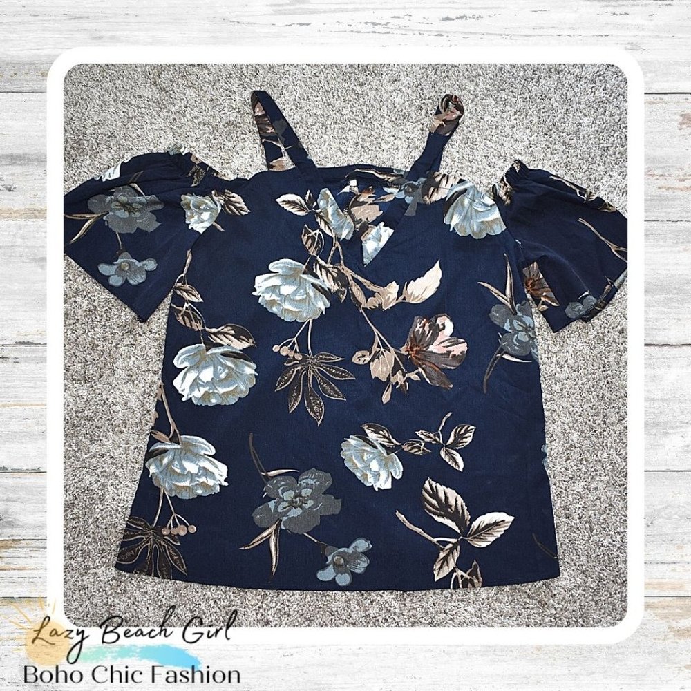 Gorgeous Navy Floral Cold Shoulder Blouse